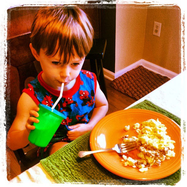 Who knew? Scrambled Eggs + Chocolate Sauce = yummy