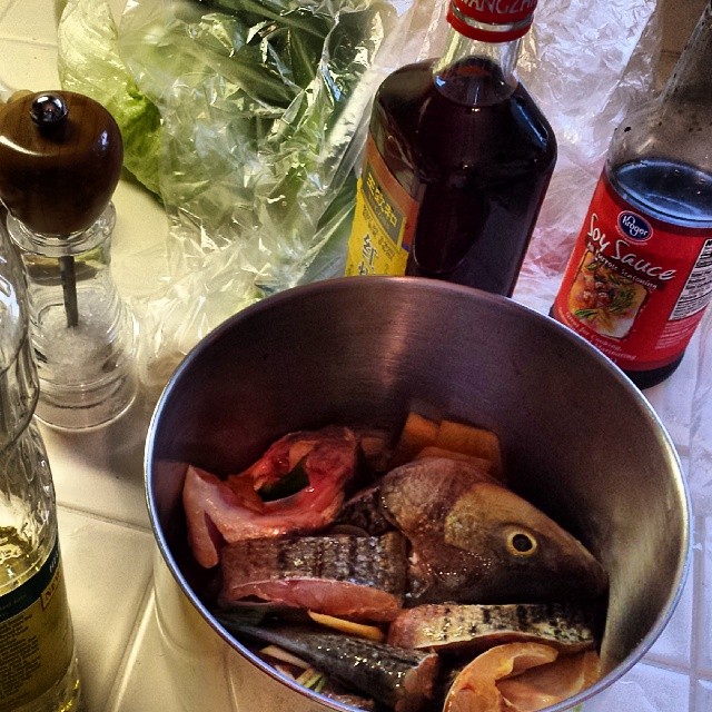 Authentic Chinese dinner being prepared. This guy was swimmin' an hour ago.