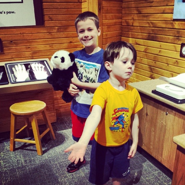 Gabe posing with panda, Max begging for alms.