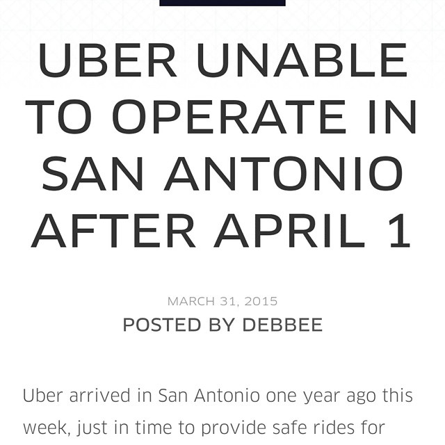 In case anyone following supports unions, rogue governments or other cartels: Uber shut down in San Antonio. Well played lobbyists and taxi cab scoflaws!