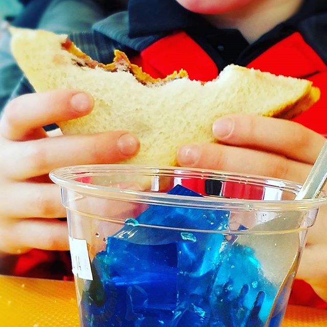 Blue Raspberry Jello and PB & J is the most awesomest lunch a 6 year old can have.