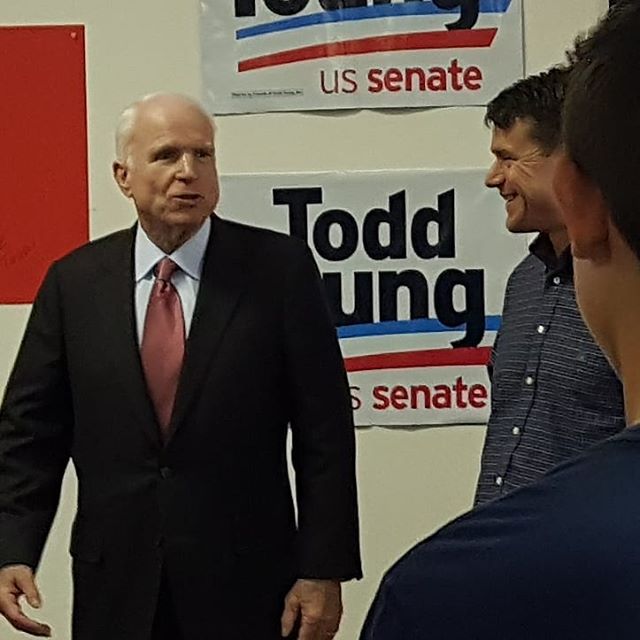 This isn't a great picture, but I took it on October 15th, 2016 about 10 minutes before I met Senator John McCain. I was fortunate to have about 10 minutes with the Senator and began the conversation by telling him my story of being mistaken for his secret service protection during his last campaign stop before the election in 2008 at the Indianapolis Airport. I explained that I was there to assist the local Republican party with the operations and my suit and sunglasses were an exact match for all of his 'real' secret service protection. It was quite an event. I remember that he told me "I appreciate your service" and I didn't know what to say. What do you say to someone who is thanking YOU, but it's HE who has giving everything? He spent most of our time together telling me of his excitement for the work that we Americans could do together after an election victory. So much pent up demand for action from this world leader who had been held back for so long. He was an optimist first and foremost. But, undoubtedly he was a realist. A hero. A patriot. An American. The world is a bit colder without John McCain in it. Thank YOU for your service. A service that is near impossible to match.